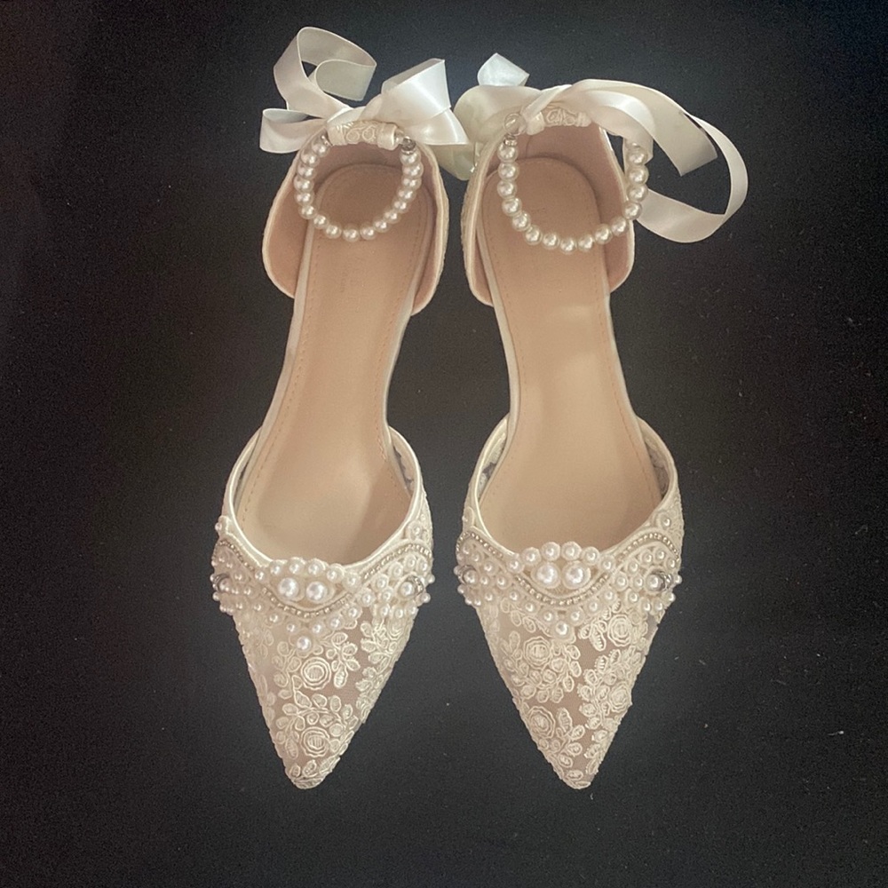 Ivory Crochet Lace Pointy Toe Flats with Small Pearls Applique